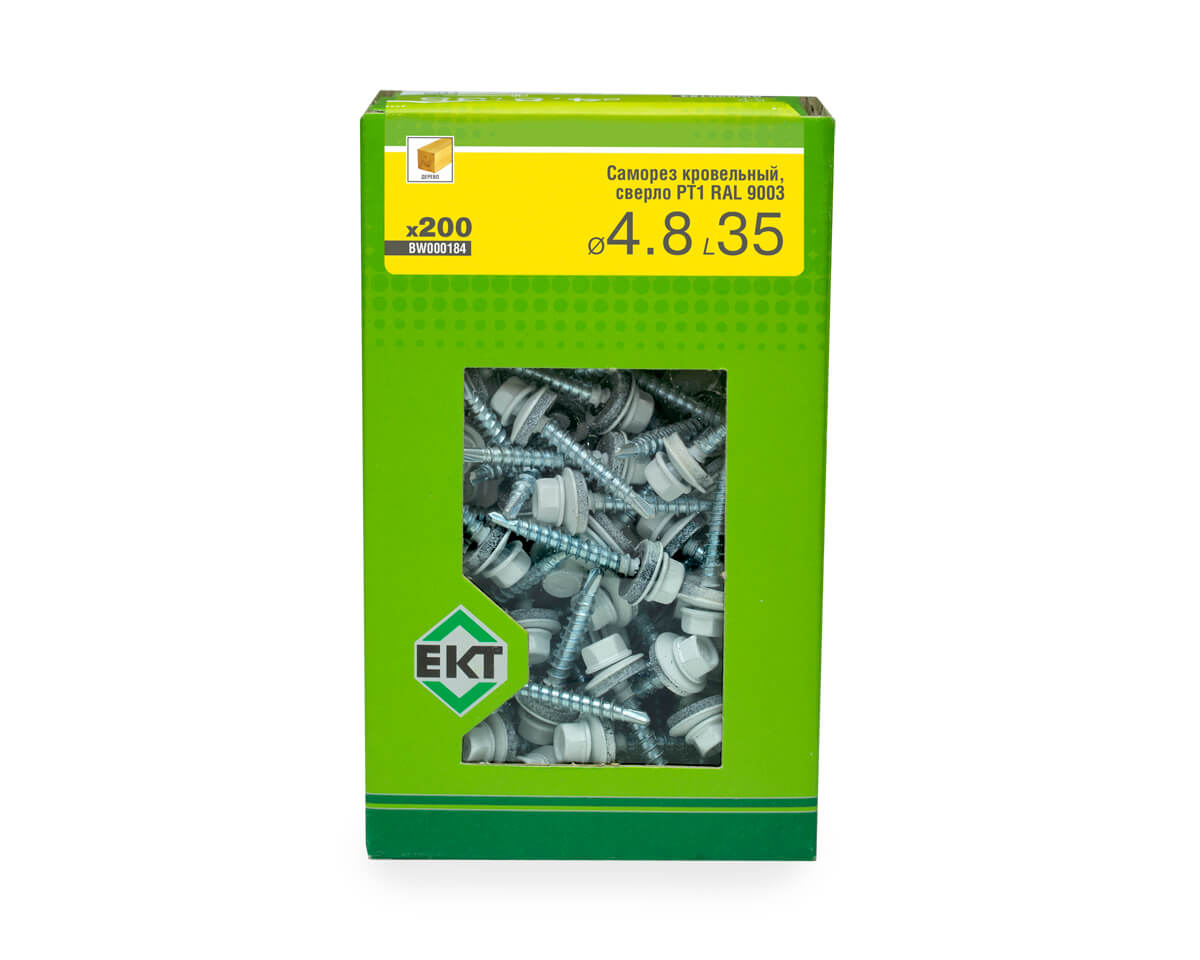 Саморез кровельный с резин. прокл. 4.8x35, сверло PT1, RAL9003, в коробке с окном, ЕКТ (упак/200шт)