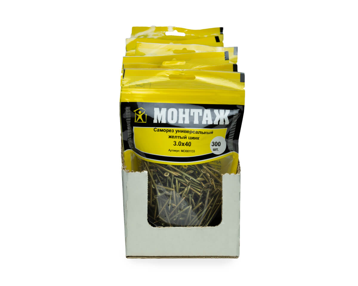Саморез универсальный 3.0x40, желтый цинк, дой-пак M, МОНТАЖ (пакет/300шт)
