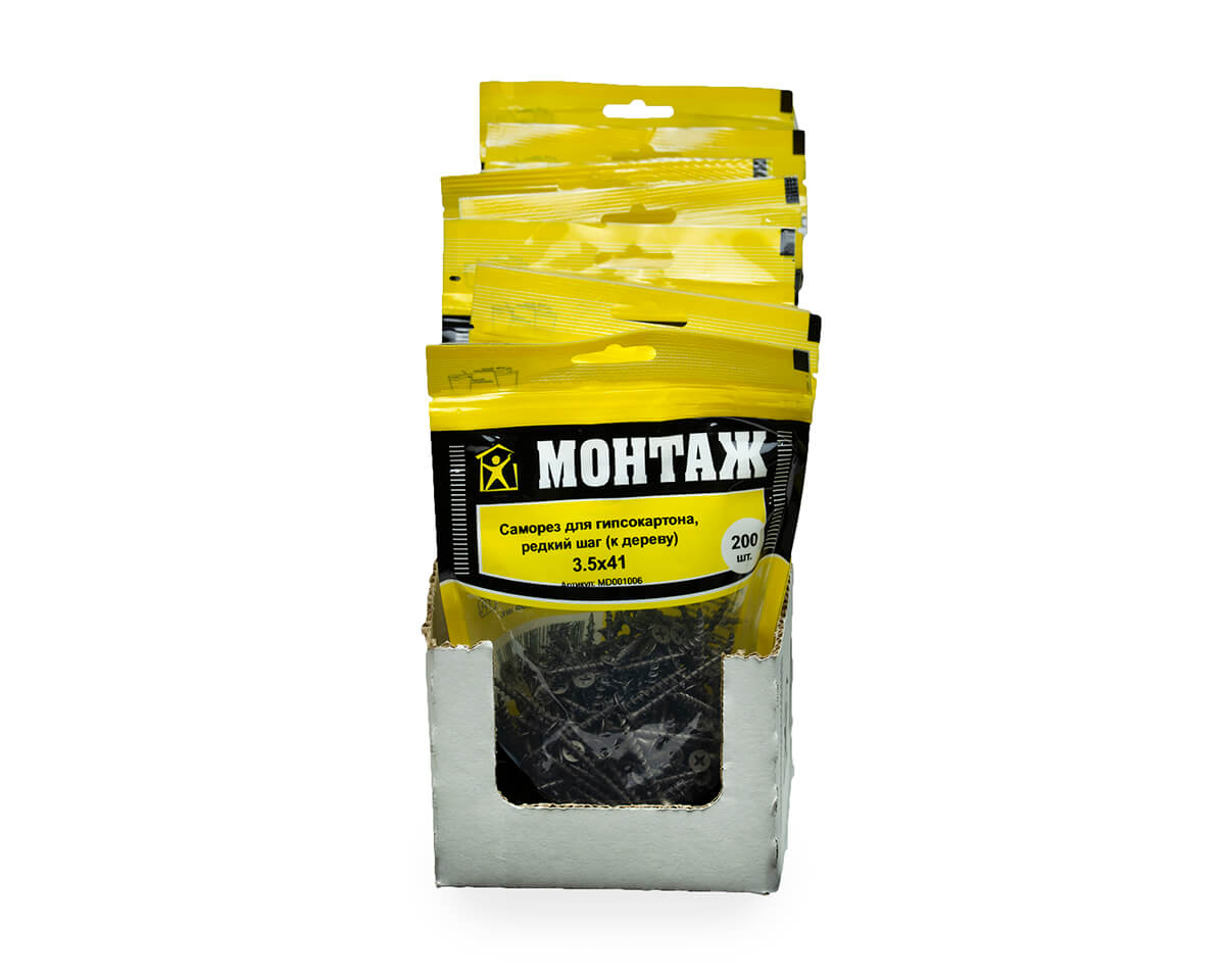 Саморез для гипсокартона 3.5x41, редкий шаг (к дереву), фосфат, дой-пак M, МОНТАЖ (пакет/200шт)