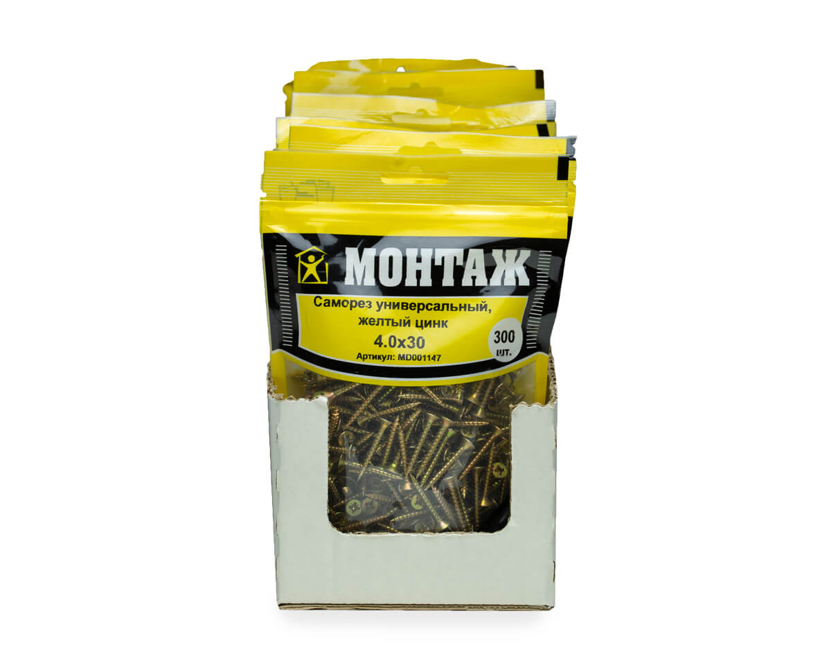 Саморез универсальный 4.0x30, желтый цинк, дой-пак M, МОНТАЖ (пакет/300шт)