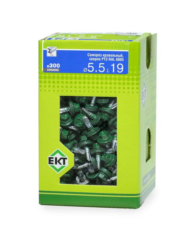 Саморез кровельный с резин. прокл. 5.5х19 сверло PT3, RAL 6005, в коробке с окном, ЕКТ (упак/300шт)