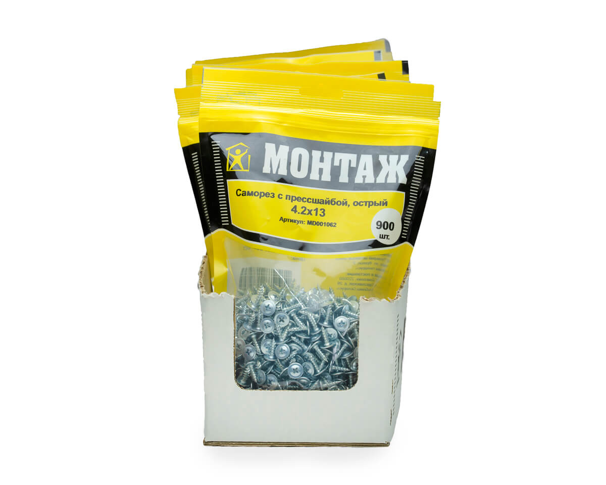 Саморез с прессшайбой 4.2x13, острый, цинк, дой-пак L, МОНТАЖ (пакет/900шт)
