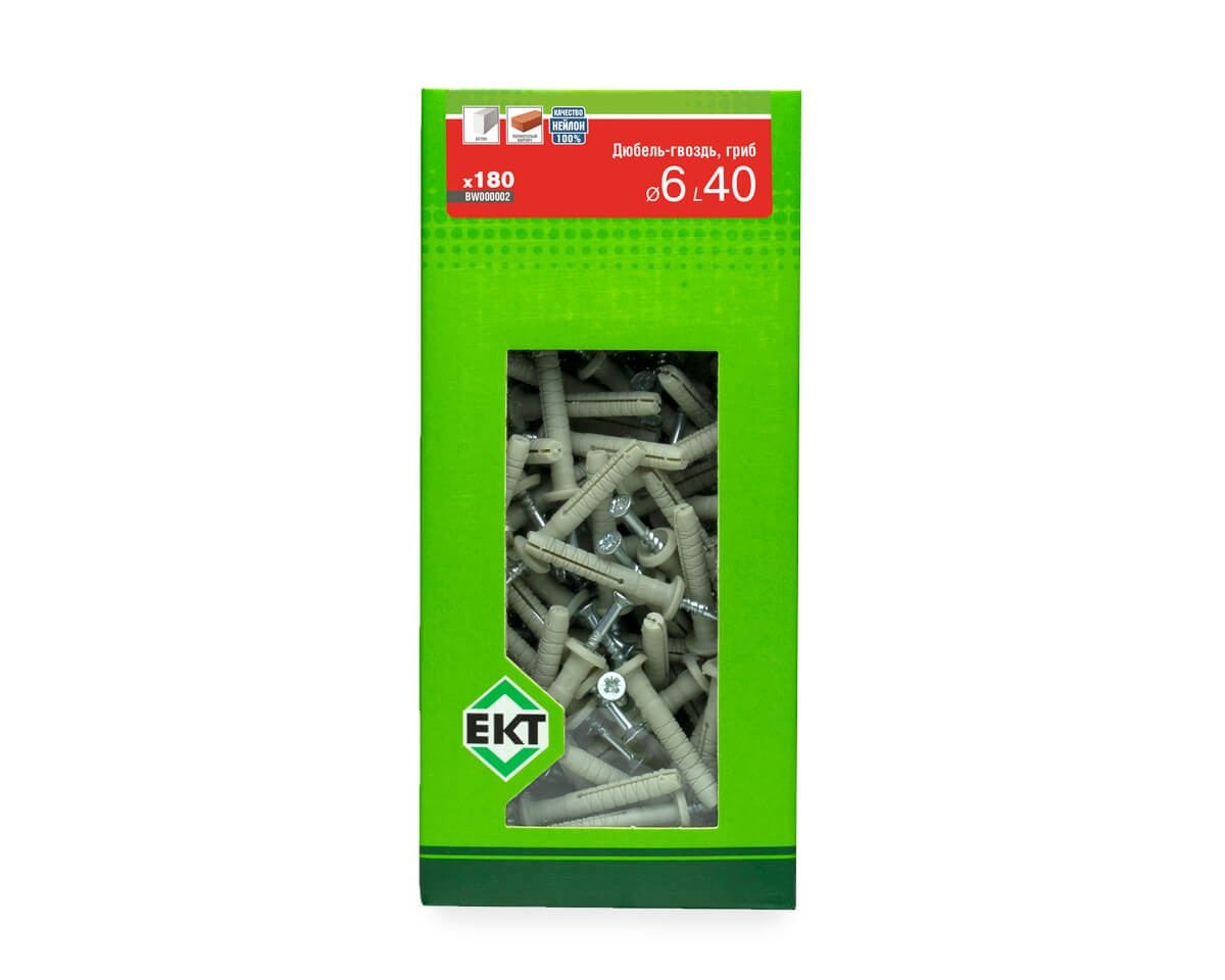 Дюбель-гвоздь GL, 6x40 гриб, нейлон, ЕКТ (кор. с окном/180шт)