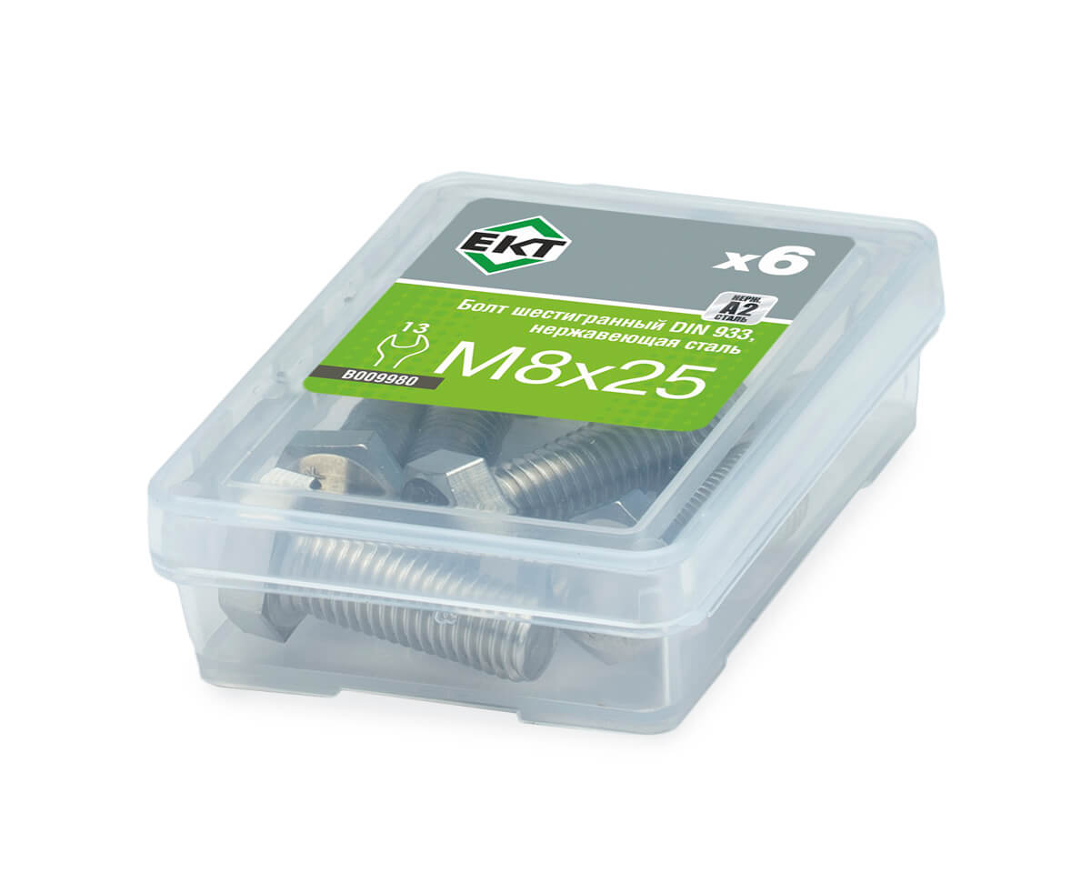 Болт с шестигранной головкой M8х25, DIN933, НЕРЖ. СТАЛЬ, ЕКТ (упак/6шт)