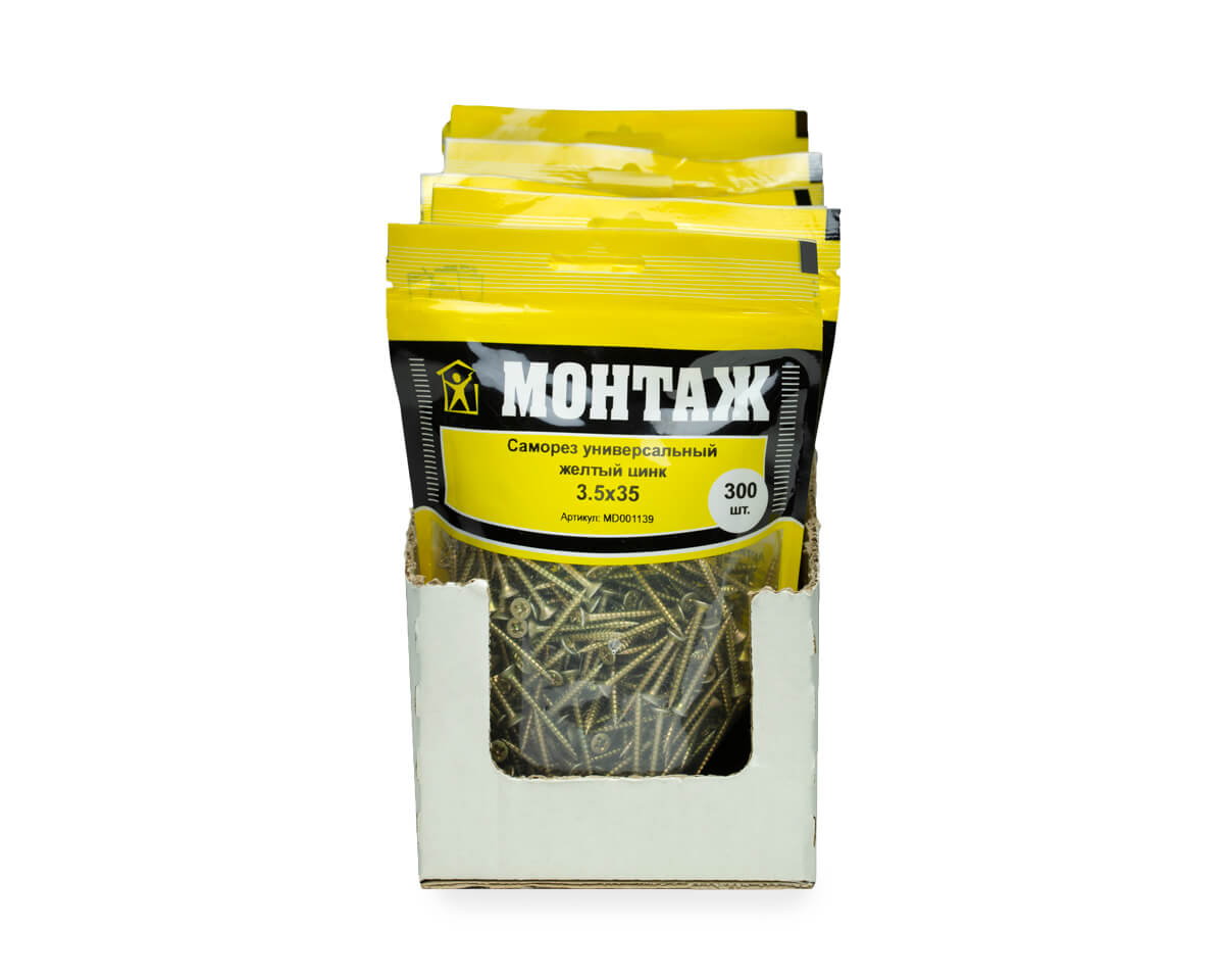 Саморез универсальный 3.5x35, желтый цинк, дой-пак M, МОНТАЖ (пакет/300шт)