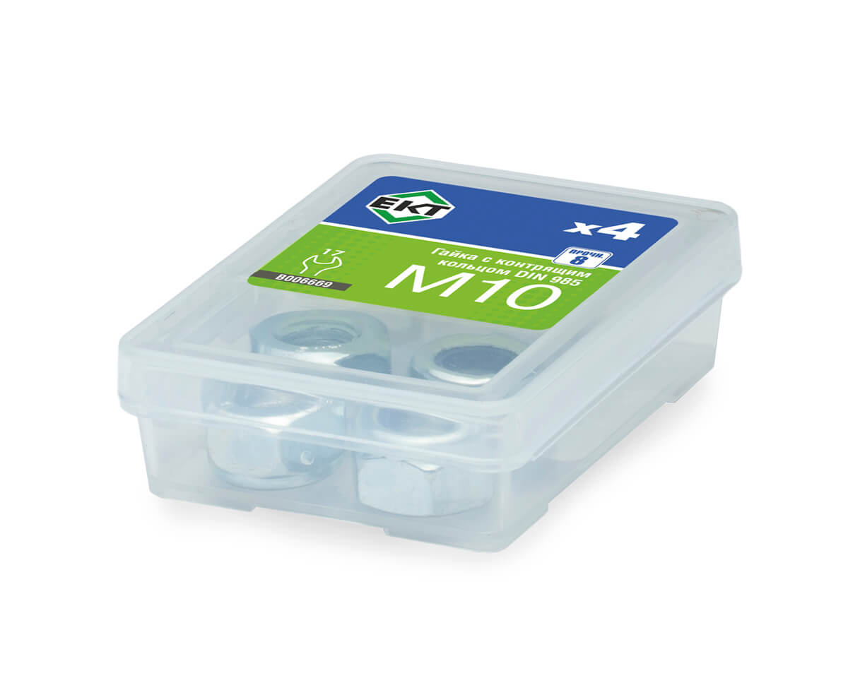 Гайка М10 с контрящим кольцом, DIN 985, цинк, прочн.8 (упак/4шт)