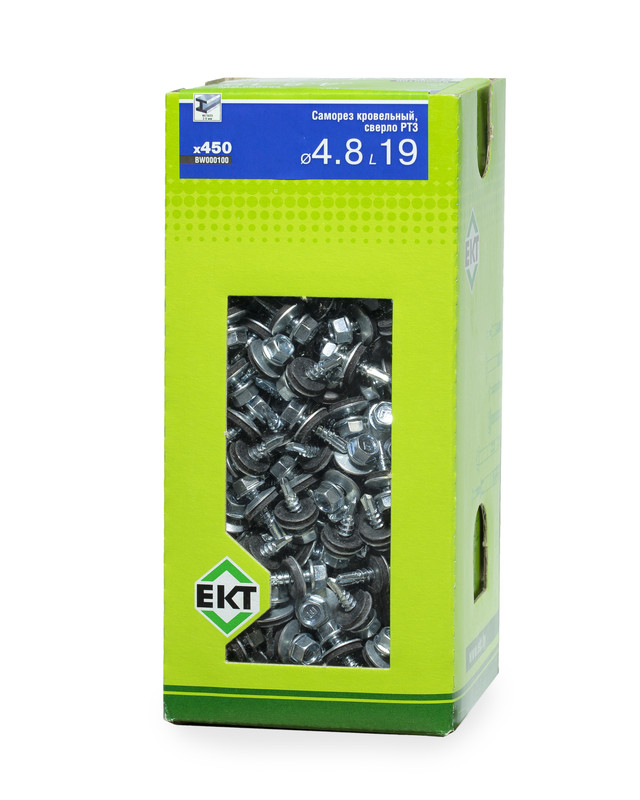 Саморез кровельный с резин. прокл. 4.8х19 сверло PT3, цинк, в коробке с окном, ЕКТ (упак/450шт)