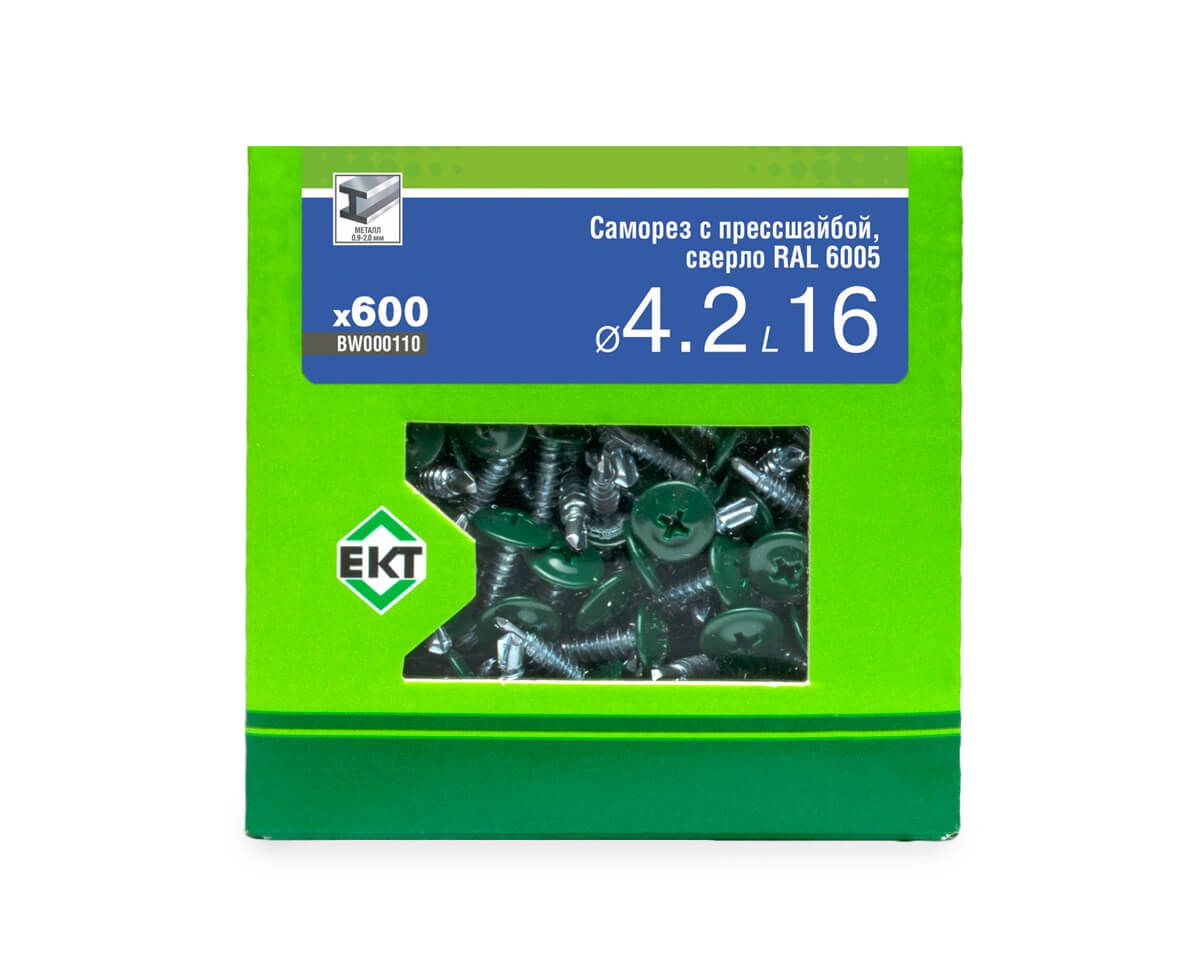 Саморез с п/ш 4.2х16 сверло, RAL 6005, в коробке с окном, ЕКТ (упак/600шт)