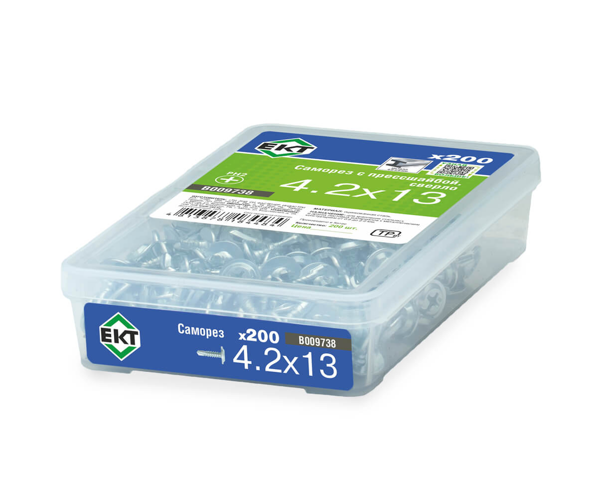Саморез с прессшайбой, 4.2x13 сверло, цинк,в пласт.контейнере, ЕКТ (упак/200шт)