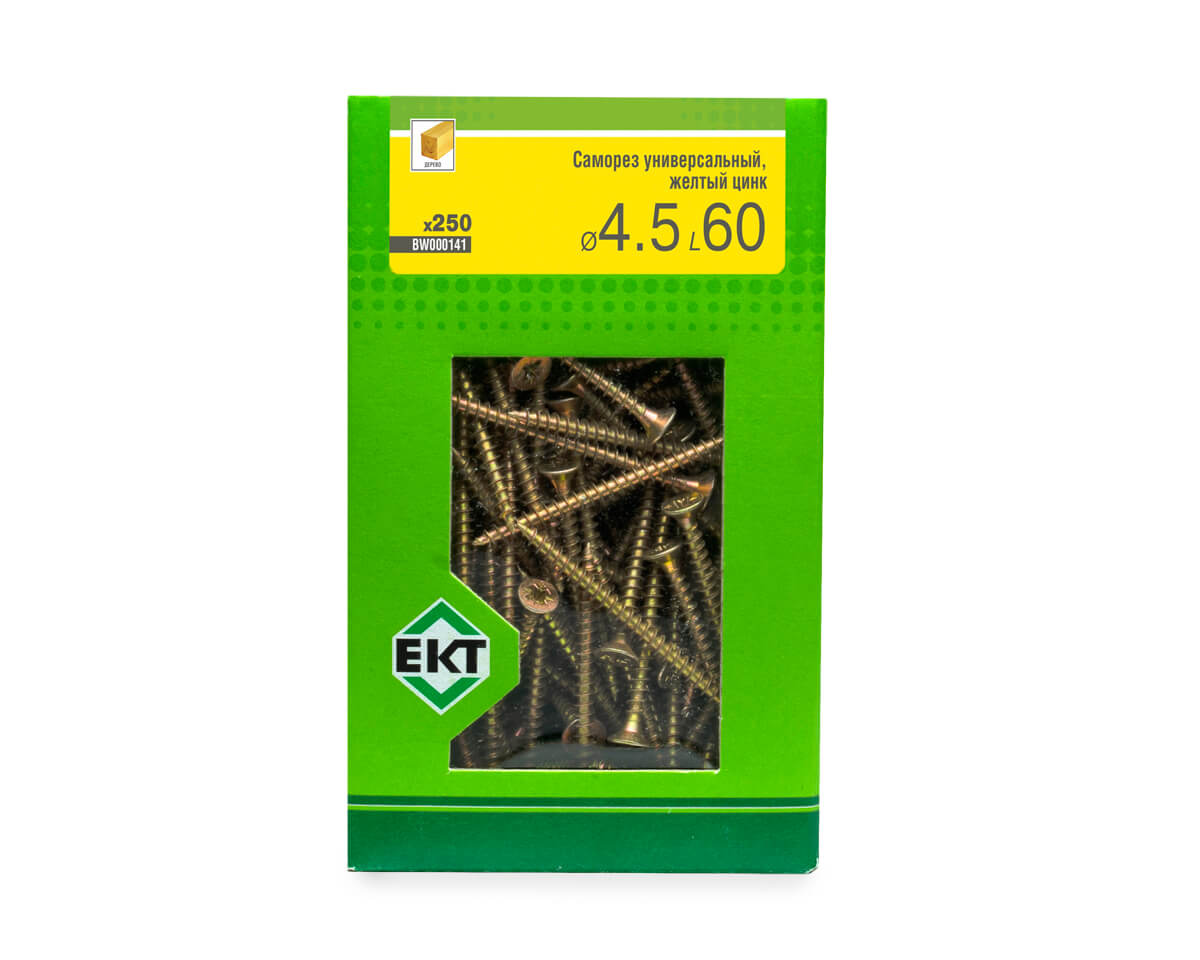 Саморез универсальный 4.5х60, желтый цинк, в коробке с окном, ЕКТ (упак/250шт)