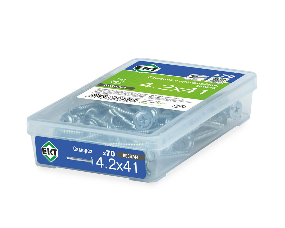 Саморез с прессшайбой, 4.2x41 сверло, цинк,в пласт.контейнере, ЕКТ (упак/70шт)