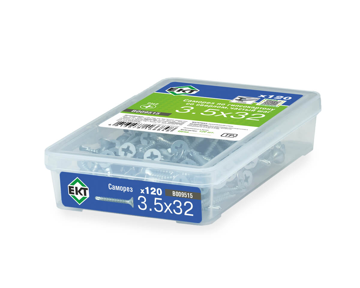 Саморез по ГК со сверлом 3.5х32, частый шаг (к металлу), цинк, в пласт. контейнере, ЕКТ (упак/120шт)