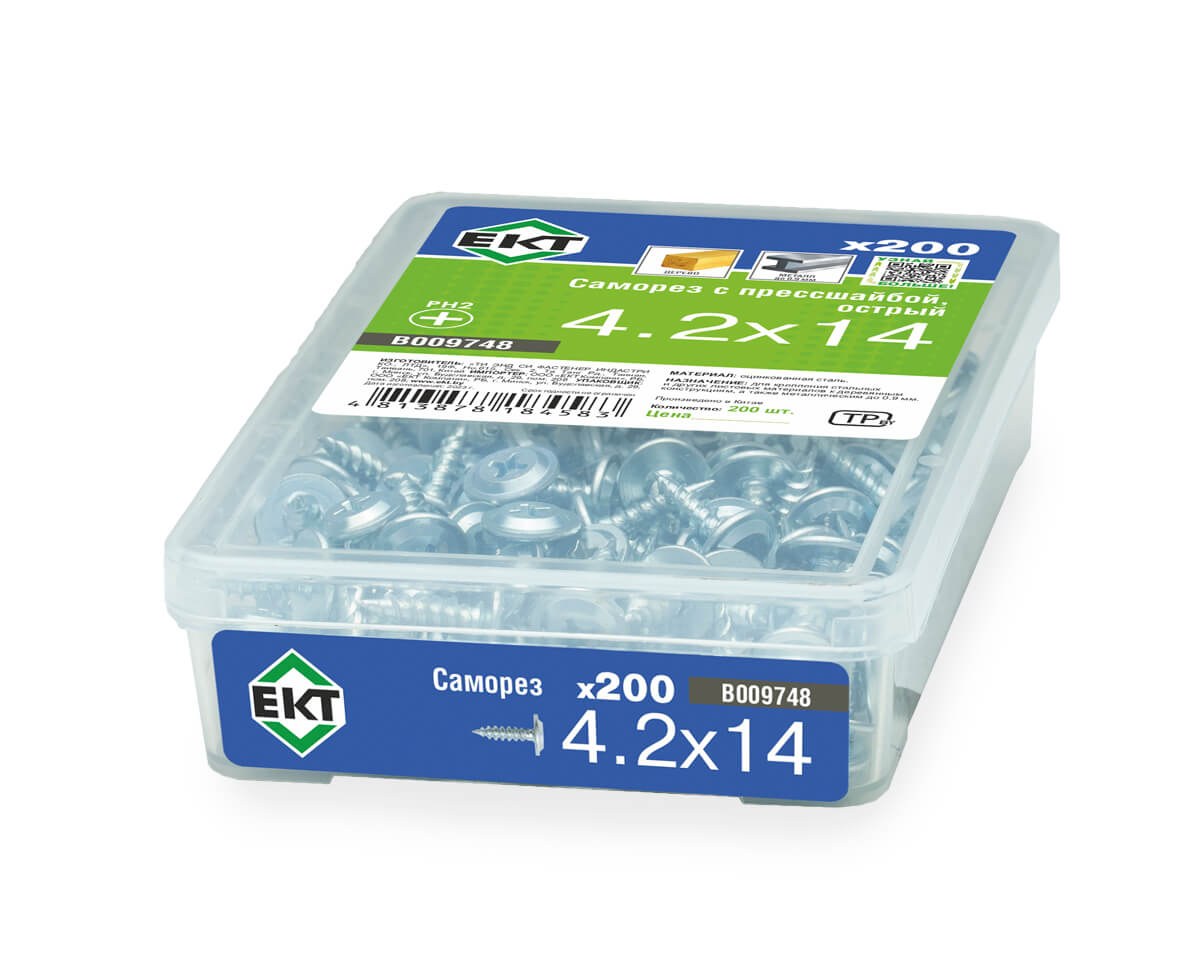 Саморез с прессшайбой, 4.2x14 острый, цинк,в пласт.контейнере, ЕКТ (упак/200шт)