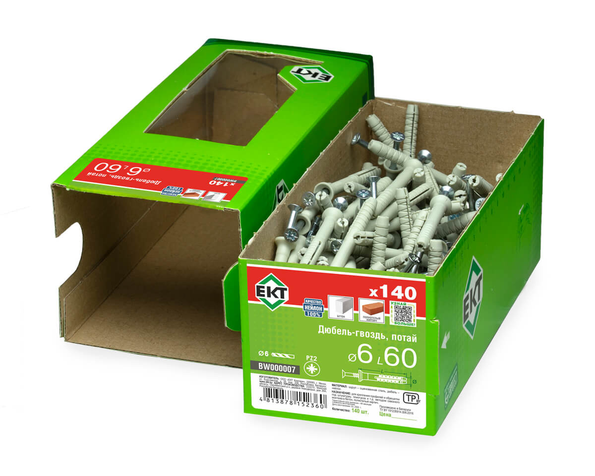 Дюбель-гвоздь GL, 6x60 потай, нейлон, ЕКТ (кор. с окном/140шт)