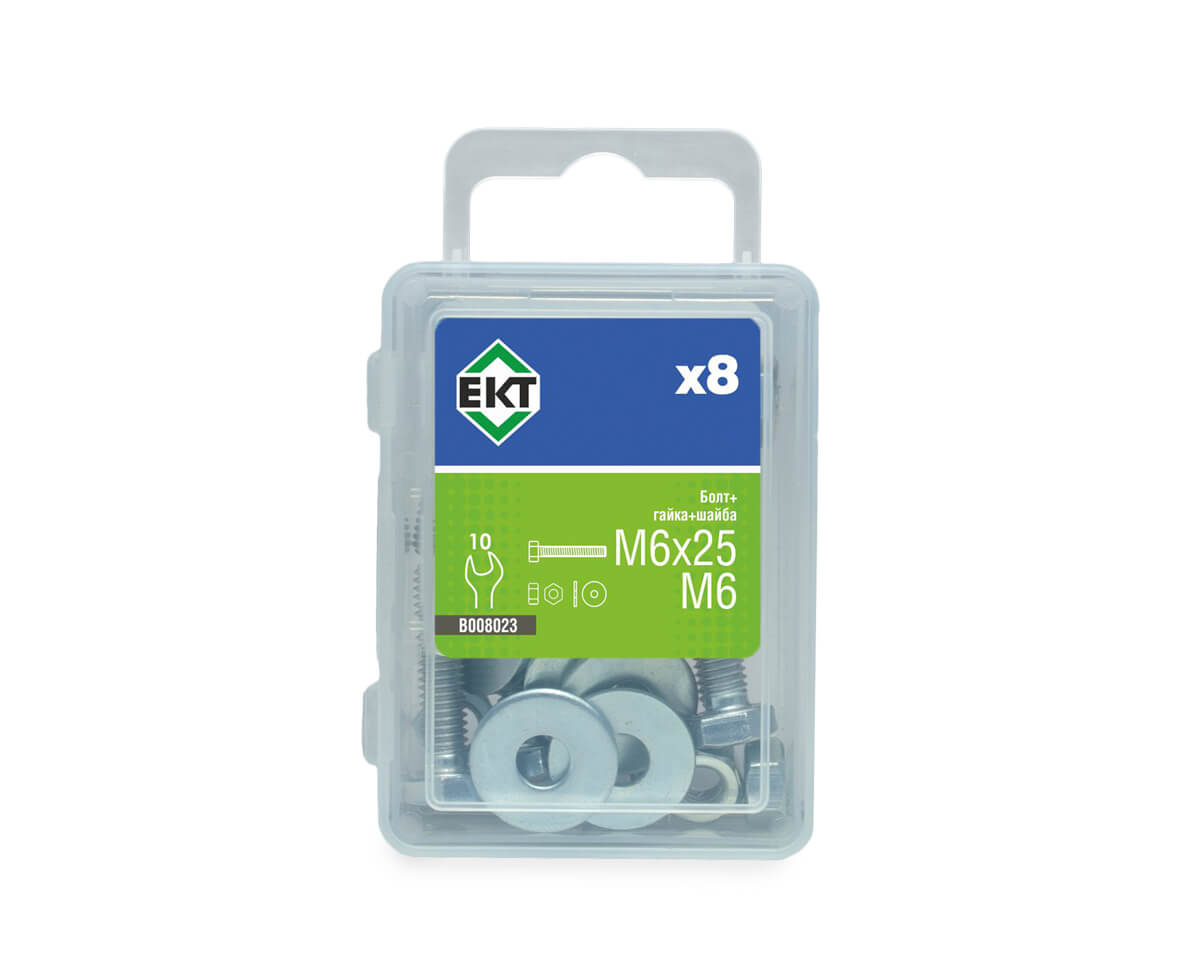 Болт с 6-гран. гол. M6х25, DIN933 в компл. с гайкой и усиленной шайбой М6, цинк (упак/8шт)