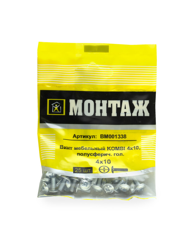 Винт мебельный 4х10, шлиц KOMBI, цинк (пакет/25шт)