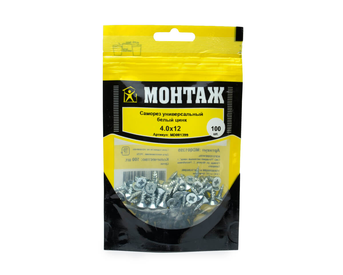 Саморез универсальный 4.0x12, белый цинк, дой-пак S, МОНТАЖ (пакет/100шт)
