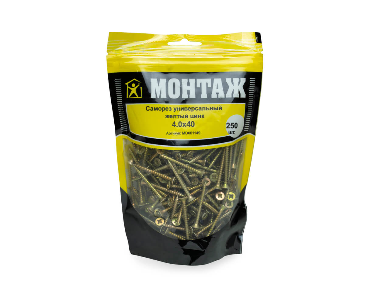 Саморез универсальный 4.0x40, желтый цинк, дой-пак M, МОНТАЖ (пакет/250шт)