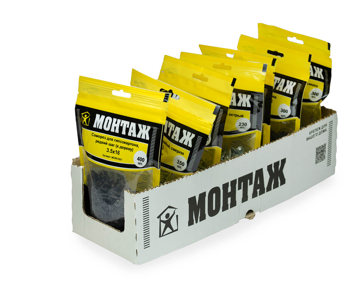 Саморез для гипсокартона 3.5x16, редкий шаг (к дереву), фосфат, дой-пак M, МОНТАЖ (пакет/400шт)