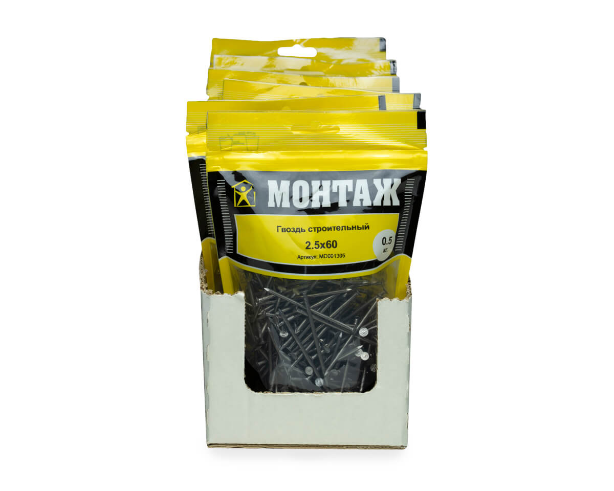 Гвоздь строительный 2.5x60, дой-пак M, МОНТАЖ (пакет/0.5кг)