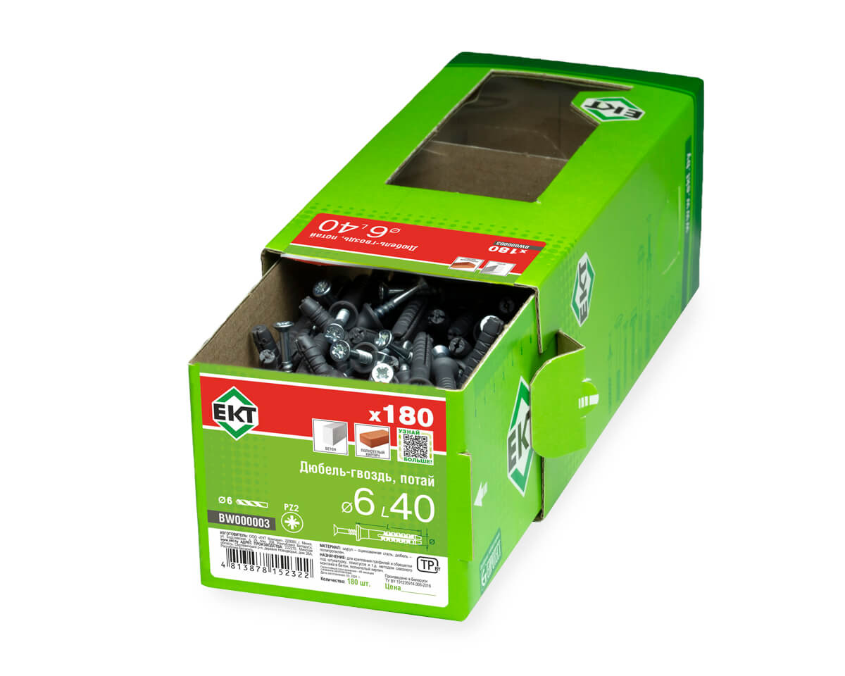 Дюбель-гвоздь GL, 6x40 потай, п/п, ЕКТ (кор. с окном/180шт)