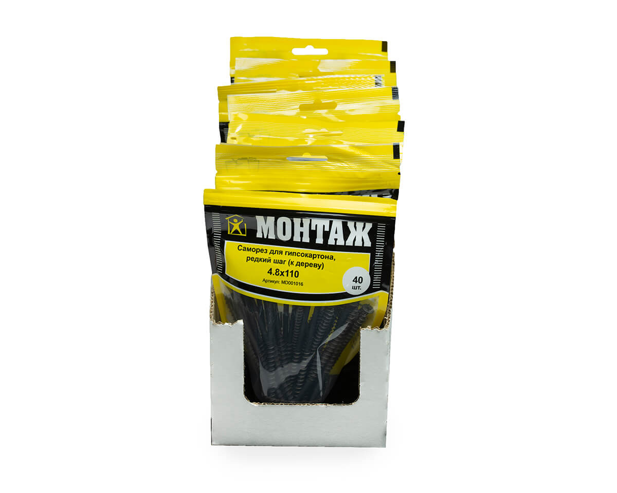 Саморез для гипсокартона 4.8x110, редкий шаг (к дереву), фосфат, дой-пак M, МОНТАЖ (пакет/40шт)