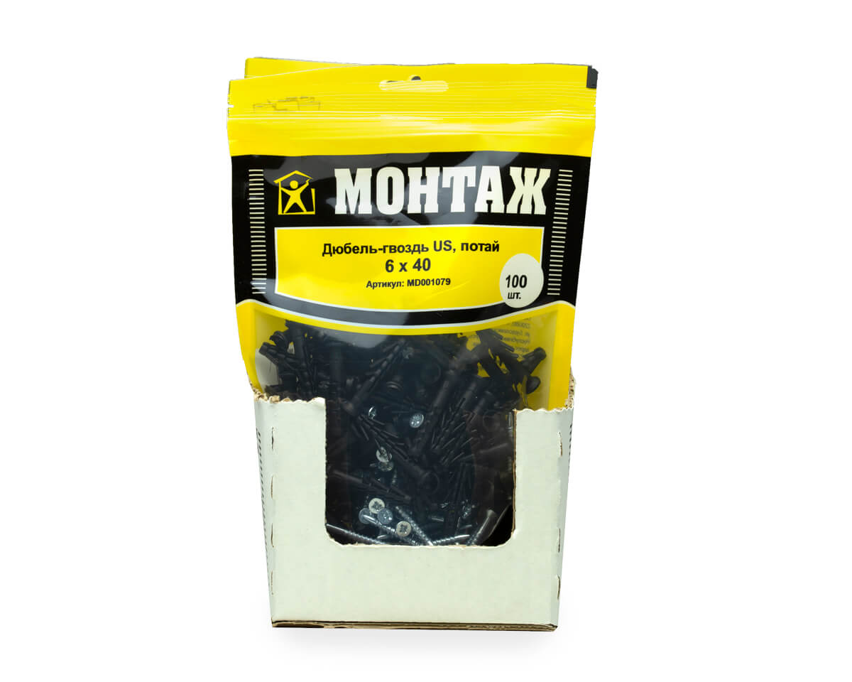 Дюбель-гвоздь US, 6x40 потай, п/в, МОНТАЖ (дой-пак L/100шт)