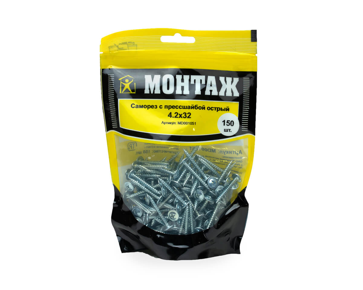 Саморез с прессшайбой 4.2x32, острый, цинк, дой-пак M, МОНТАЖ (пакет/150шт)