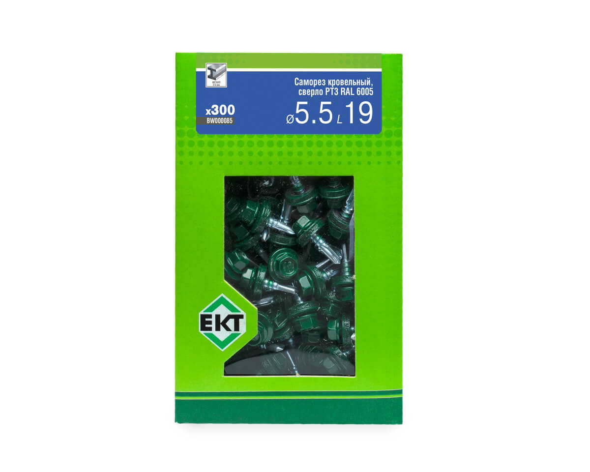 Саморез кровельный с резин. прокл. 5.5х19 сверло PT3, RAL 6005, в коробке с окном, ЕКТ (упак/300шт)