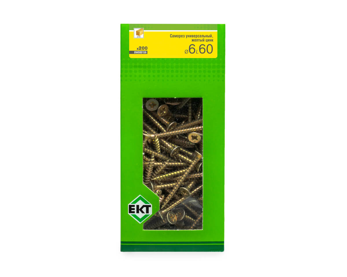 Саморез универсальный 6.0х60, желтый цинк, в коробке с окном, ЕКТ (упак/200шт)