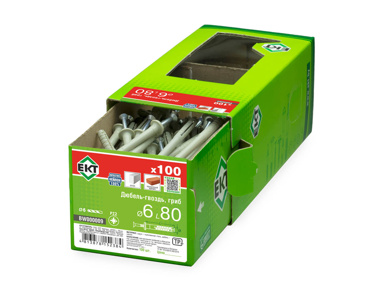 Дюбель-гвоздь GL, 6x80 гриб, нейлон, ЕКТ (кор. с окном/100шт)