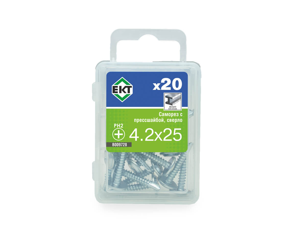Саморез с прессшайбой, 4.2x25 сверло, цинк, ЕКТ (упак/20шт)