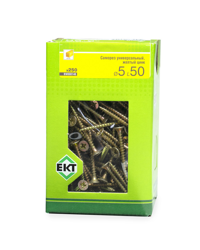 Саморез универсальный 5.0х50, желтый цинк, в коробке с окном, ЕКТ (упак/250шт)