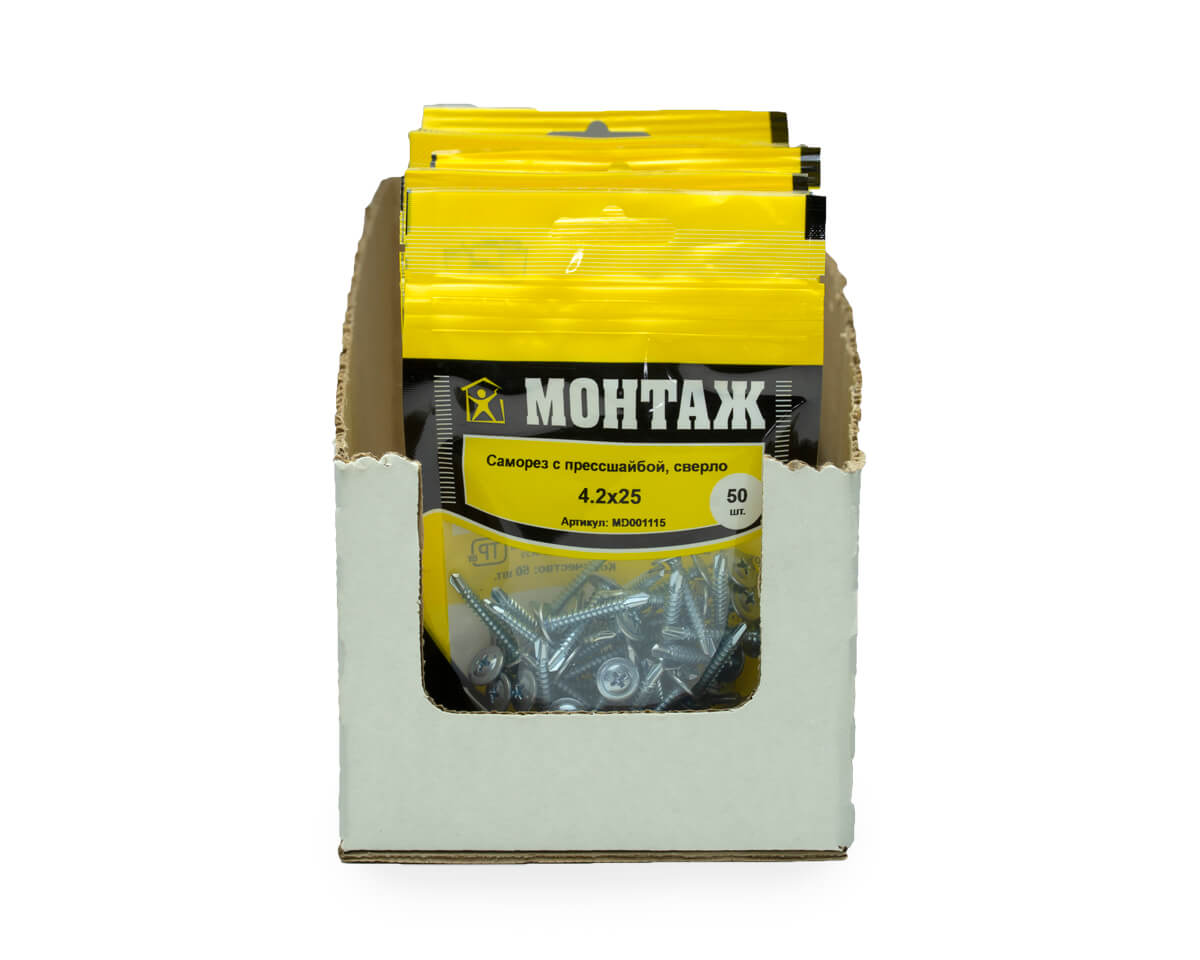Саморез с прессшайбой 4.2x25, сверло, цинк, дой-пак S, МОНТАЖ (пакет/50шт)