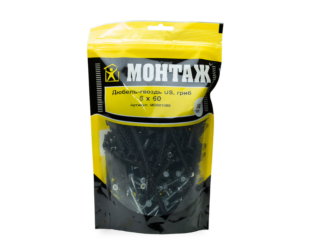 Дюбель-гвоздь US, 6x60 гриб, п/в, МОНТАЖ (дой-пак L/100шт)