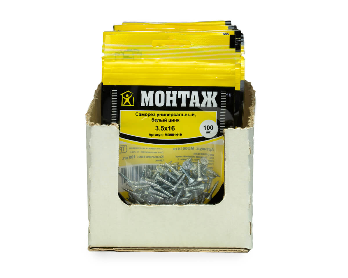 Саморез универсальный 3.5x16, белый цинк, дой-пак S, МОНТАЖ (пакет/100шт)