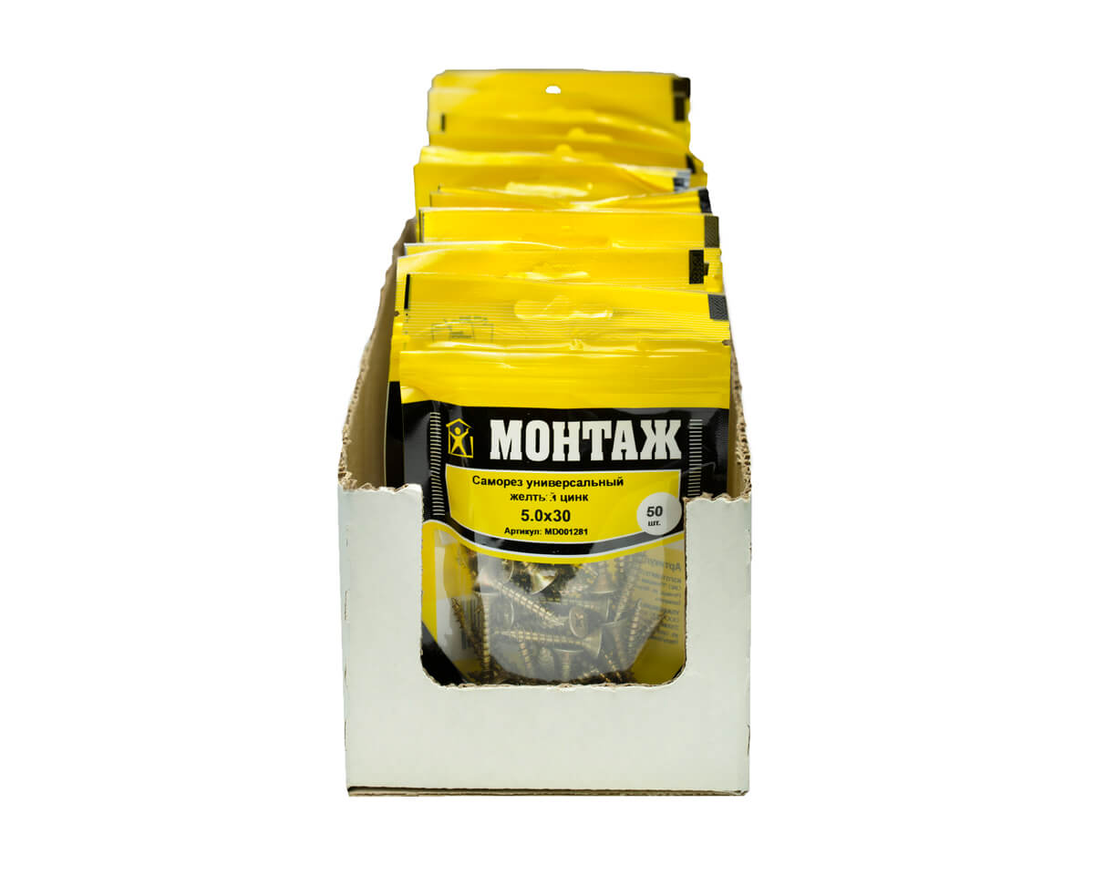 Саморез универсальный 5.0x30, желтый цинк, дой-пак S, МОНТАЖ (пакет/50шт)