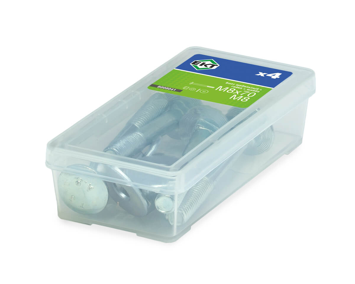 Болт меб. M8х70, DIN603 в компл. с гайкой с контр. кольцом и усил. шайбой М8, цинк (упак/4шт)