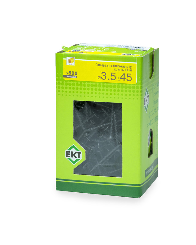 Саморез по ГК 3.5х45 крупный шаг (к дереву), фосфат., в коробке с окном, ЕКТ (упак/500шт)
