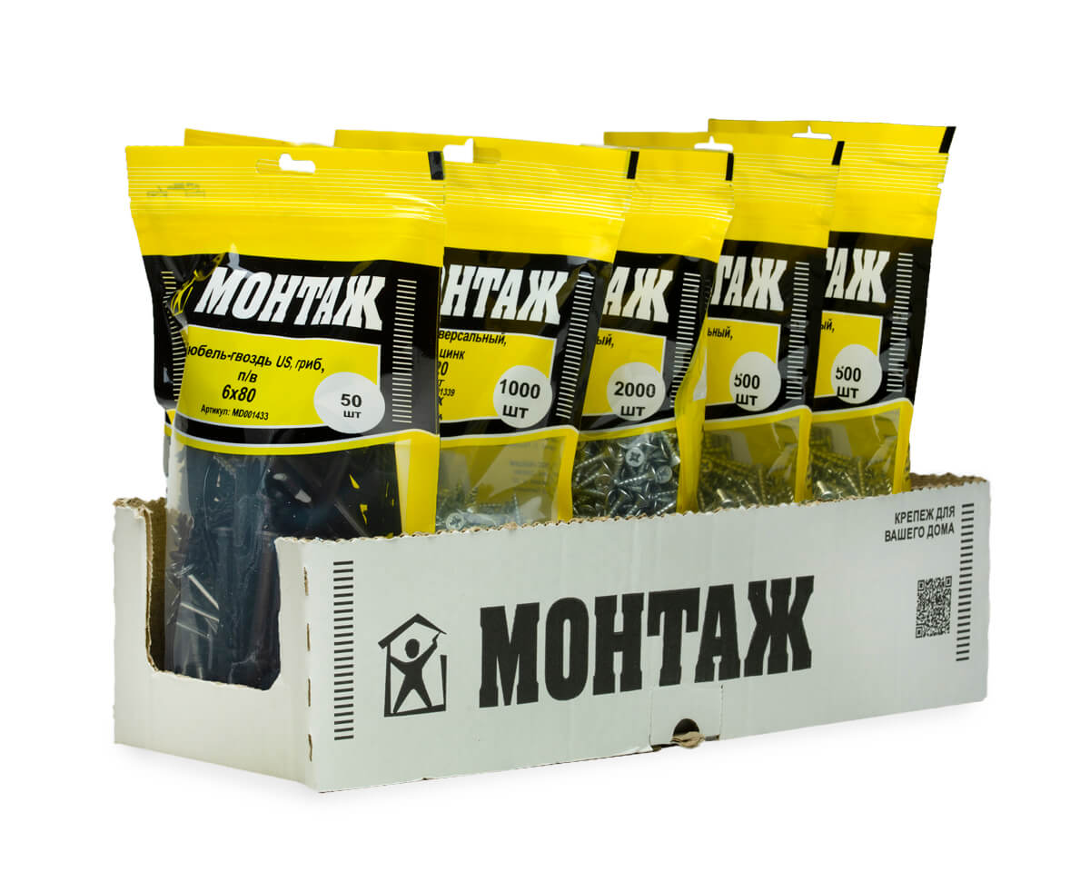 Дюбель-гвоздь US, 6x80 гриб, п/в, МОНТАЖ (дой-пак L/50шт)
