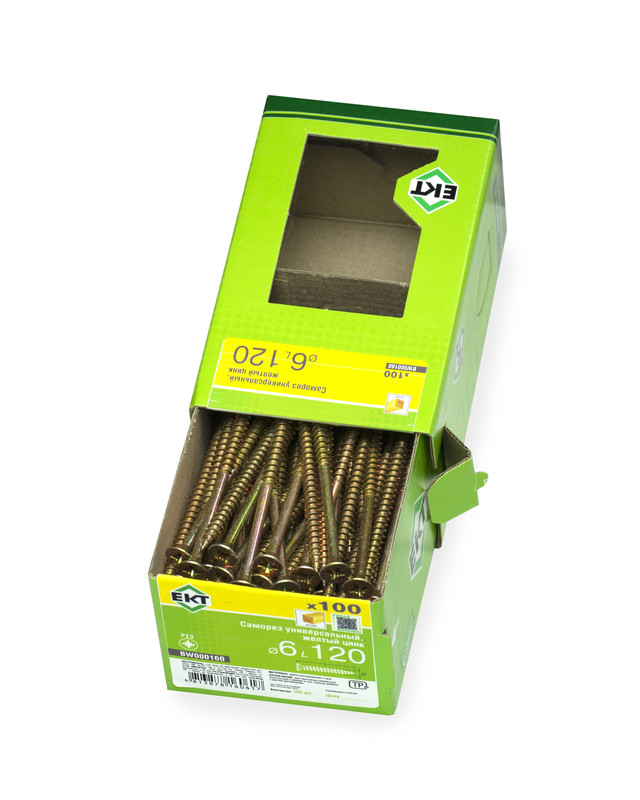 Саморез универсальный 6.0х120, желтый цинк, в коробке с окном, ЕКТ (упак/100шт)