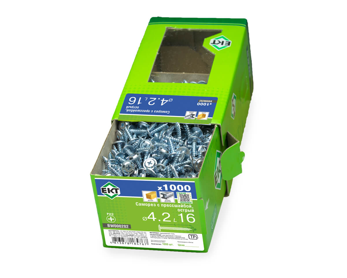 Саморез с прессшайбой, 4.2x16 острый, цинк, в коробке с окном, ЕКТ (упак/1.000шт)