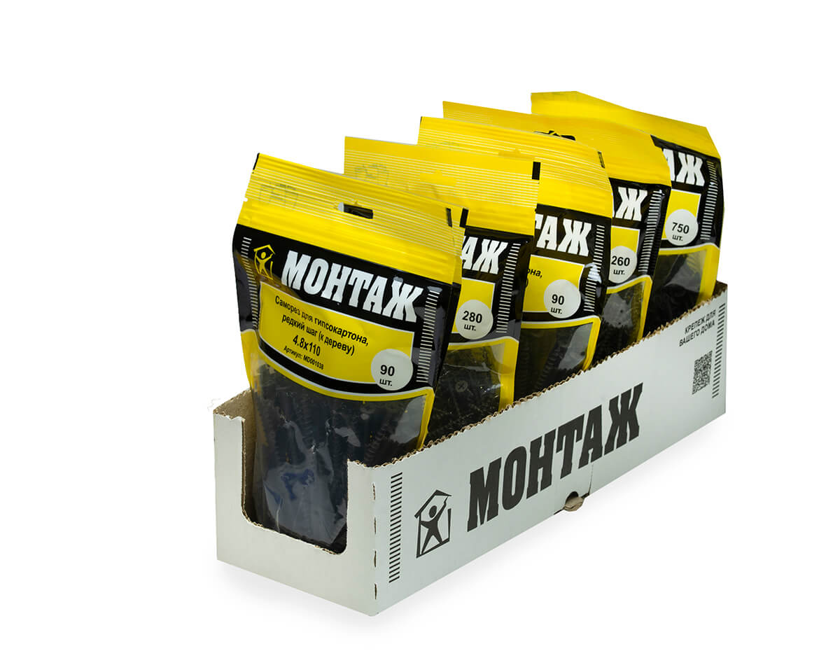 Саморез для гипсокартона 4.8x110, редкий шаг (к дереву), фосфат, дой-пак L, МОНТАЖ (пакет/90шт)