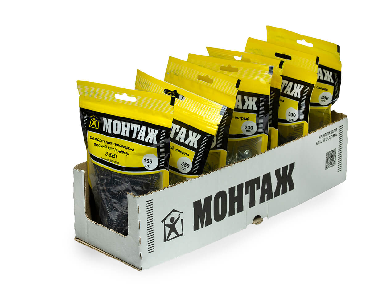 Саморез для гипсокартона 3.5x51, редкий шаг (к дереву), фосфат, дой-пак M, МОНТАЖ (пакет/155шт)