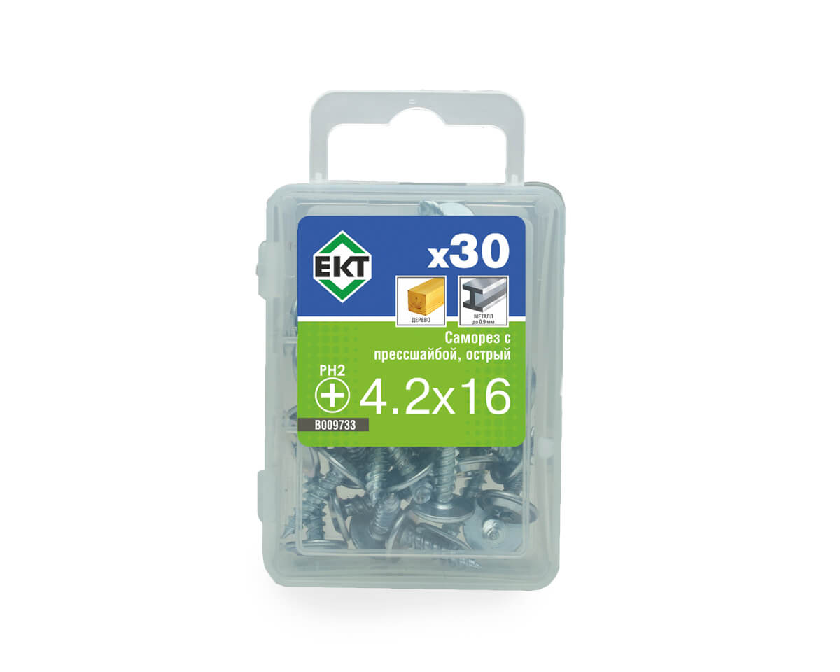 Саморез с прессшайбой, 4.2x16 острый, цинк, ЕКТ (упак/30шт)