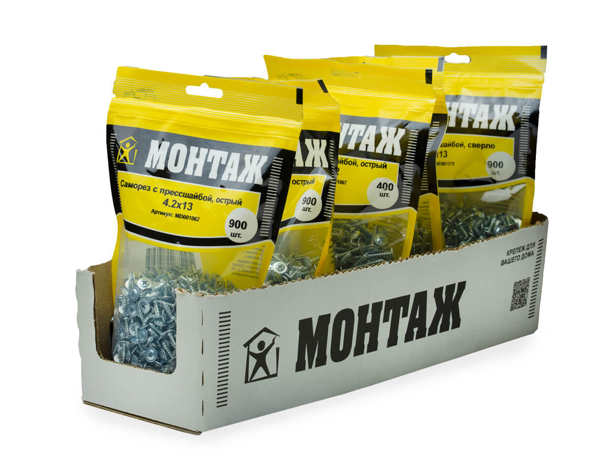 Саморез с прессшайбой 4.2x13, острый, цинк, дой-пак L, МОНТАЖ (пакет/900шт)