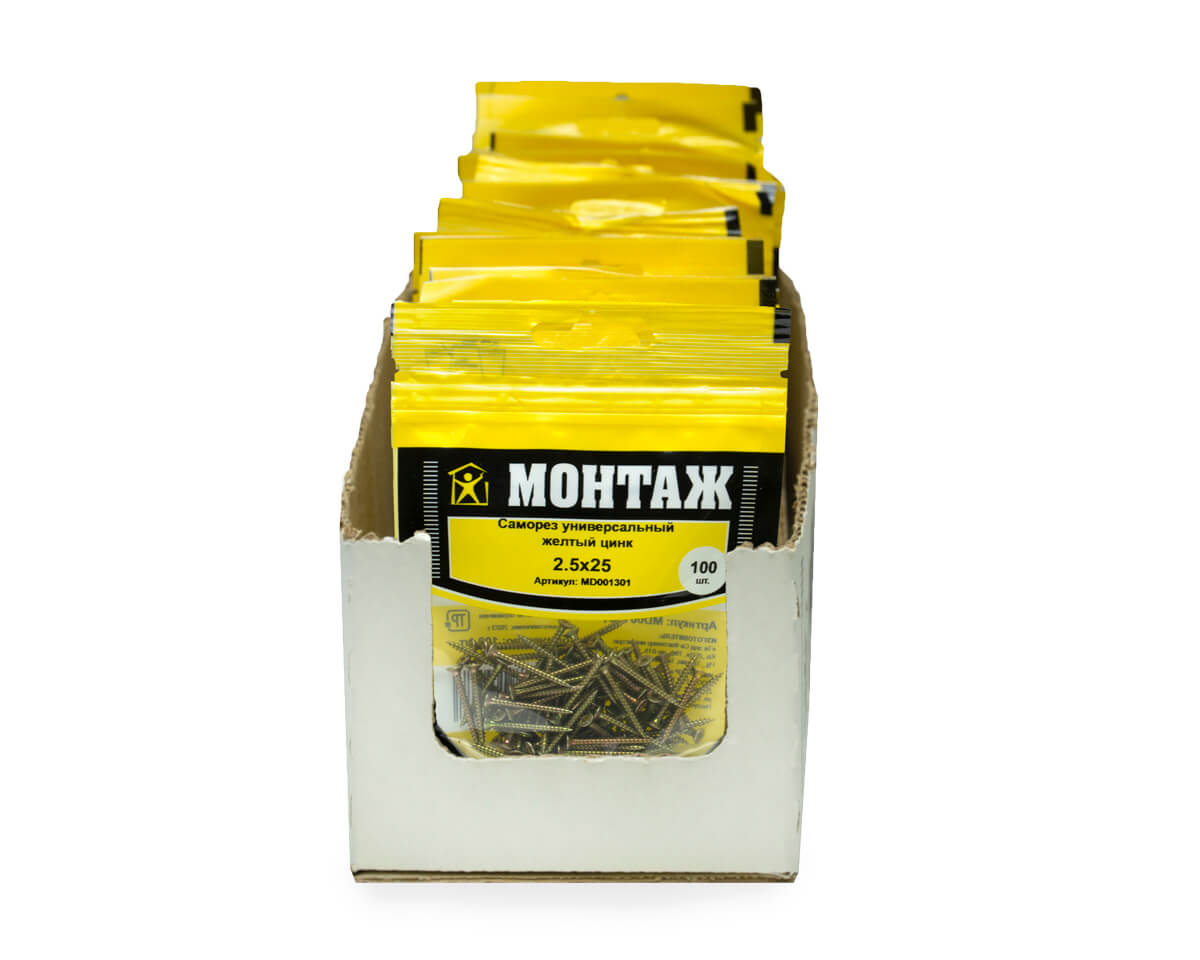 Саморез универсальный 2.5x25, желтый цинк, дой-пак S, МОНТАЖ (пакет/100шт)