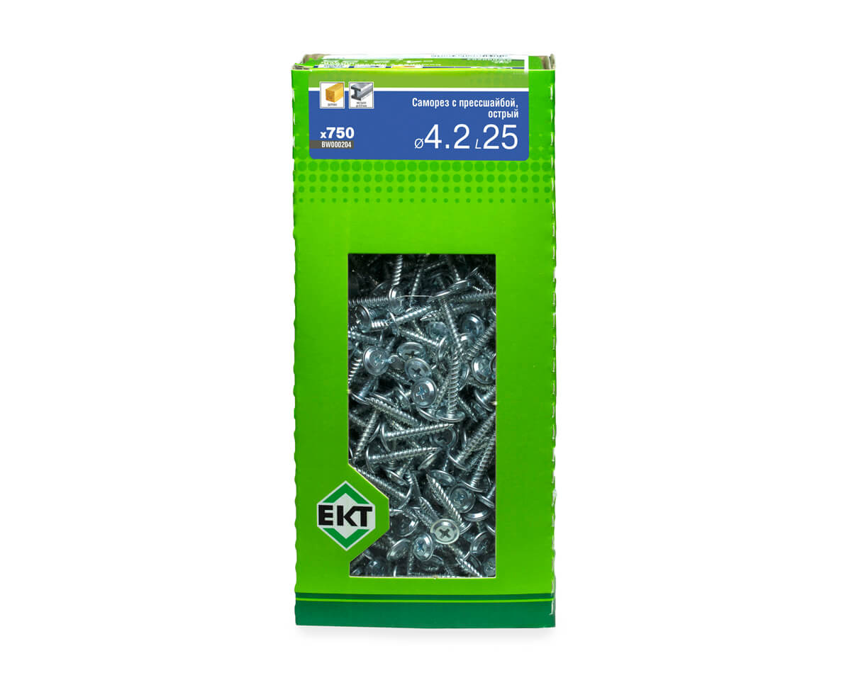 Саморез с прессшайбой, 4.2x25 острый, цинк, в коробке с окном, ЕКТ (упак/750шт)
