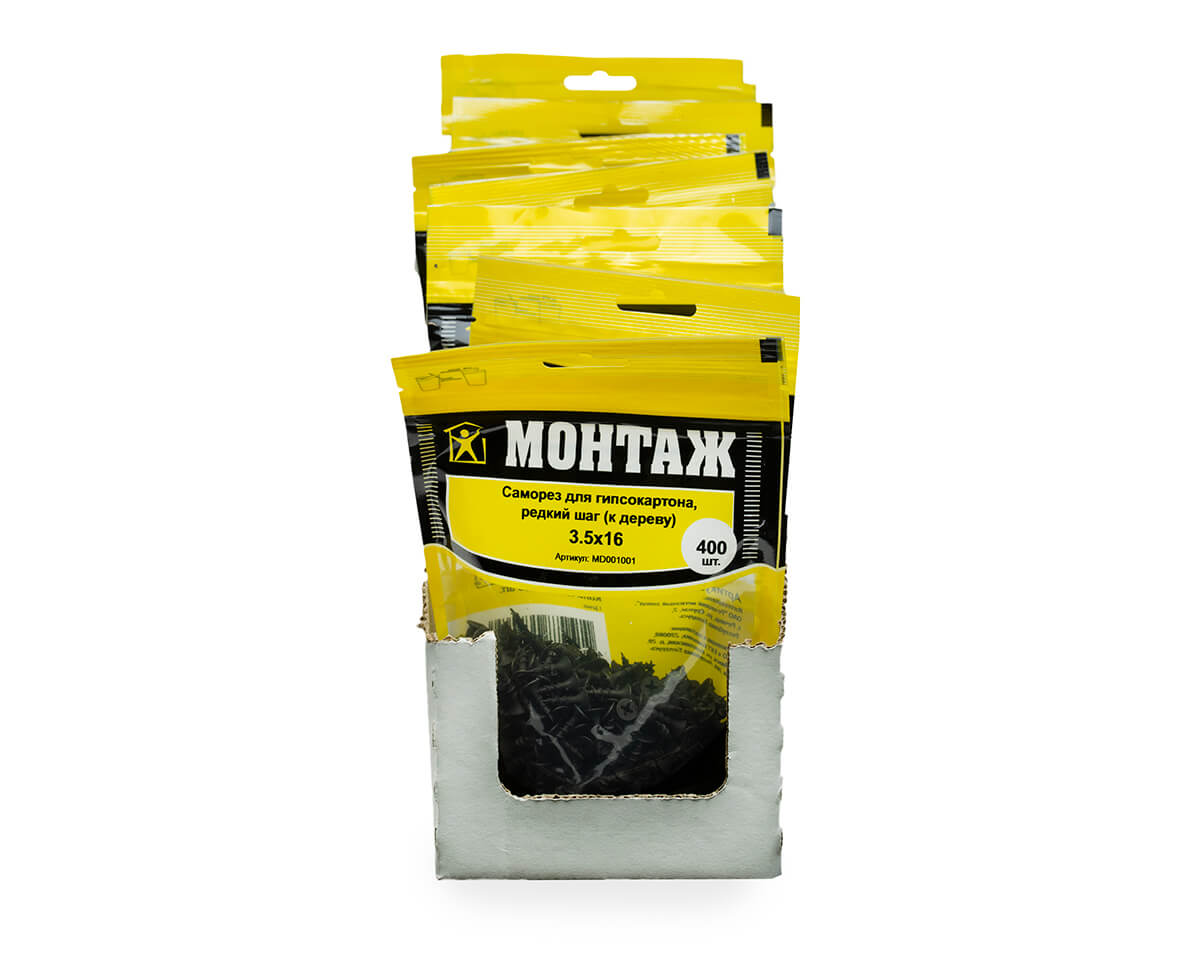 Саморез для гипсокартона 3.5x16, редкий шаг (к дереву), фосфат, дой-пак M, МОНТАЖ (пакет/400шт)
