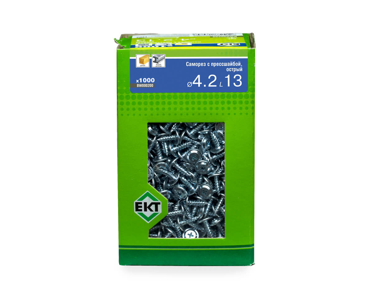 Саморез с прессшайбой, 4.2x13 острый, цинк, в коробке с окном, ЕКТ (упак/1.000шт)